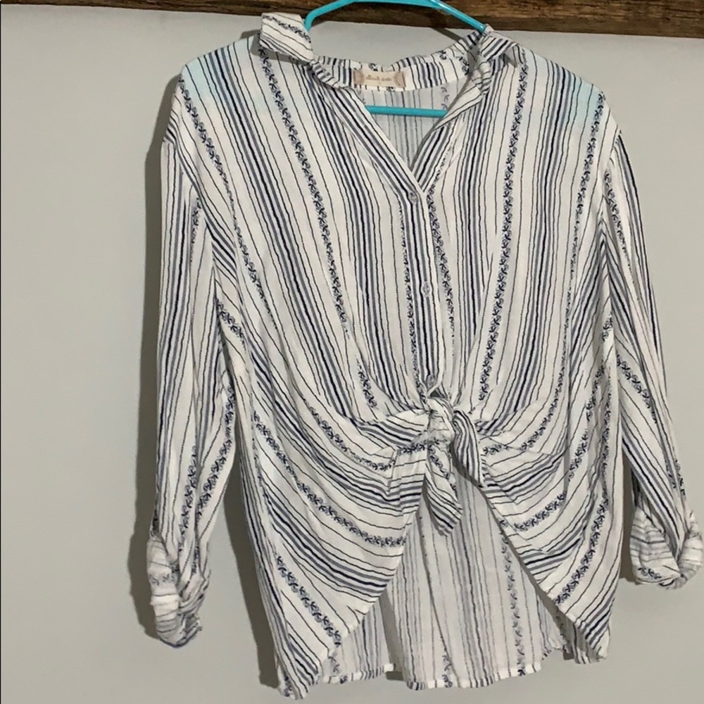 Fun blue and white boho button down top